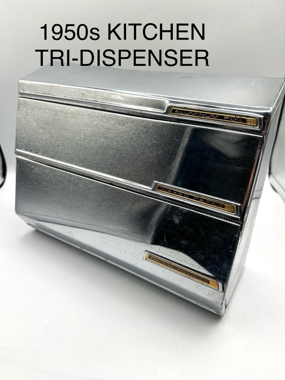 1950s Lincoln Beauty Ware 3 tiered waxed paper, foil, and paper towel dispenser